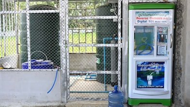 A clean-energy powered drinking water dispenser provides the surrounding community with broad access to safe drinking water.