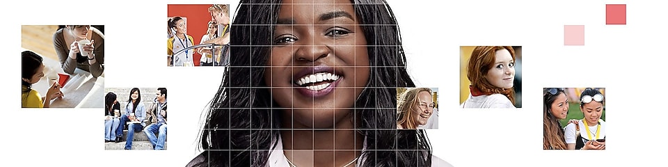 African American female with long black hair, with a mosaic of images surrounding her.