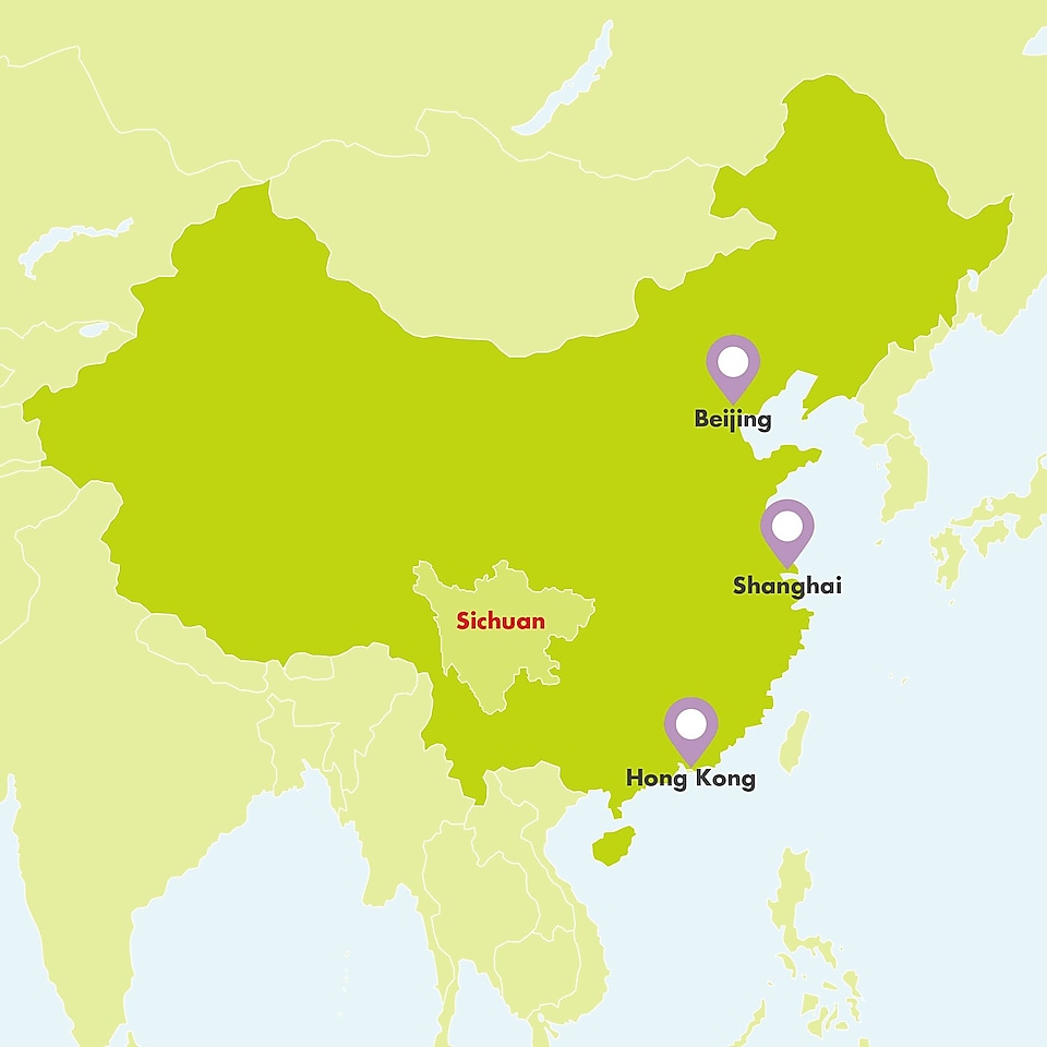 A map displaying the Sichuan province and its position in China with Hong Kong, Beijing and Shanghai also displayed