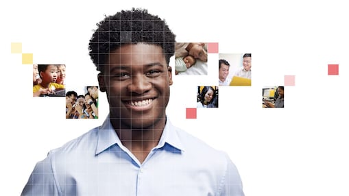 Young African American male with a mosaic of images surrounding him.