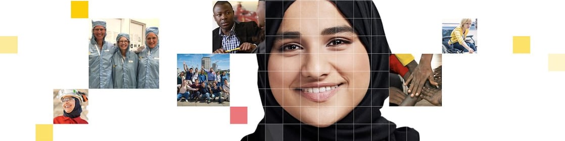 Female wearing a black hijab, with a mosaic of images surrounding her. 