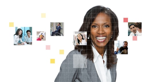 African American female wearing a grey suit, with a mosaic of images surround her.
