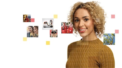 Female with short curly blonde hear wearing a light brown top, with a mosaic of images surrounding her.