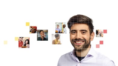Male with beard wearing a white shirt, with a mosaic of images surrounding him.