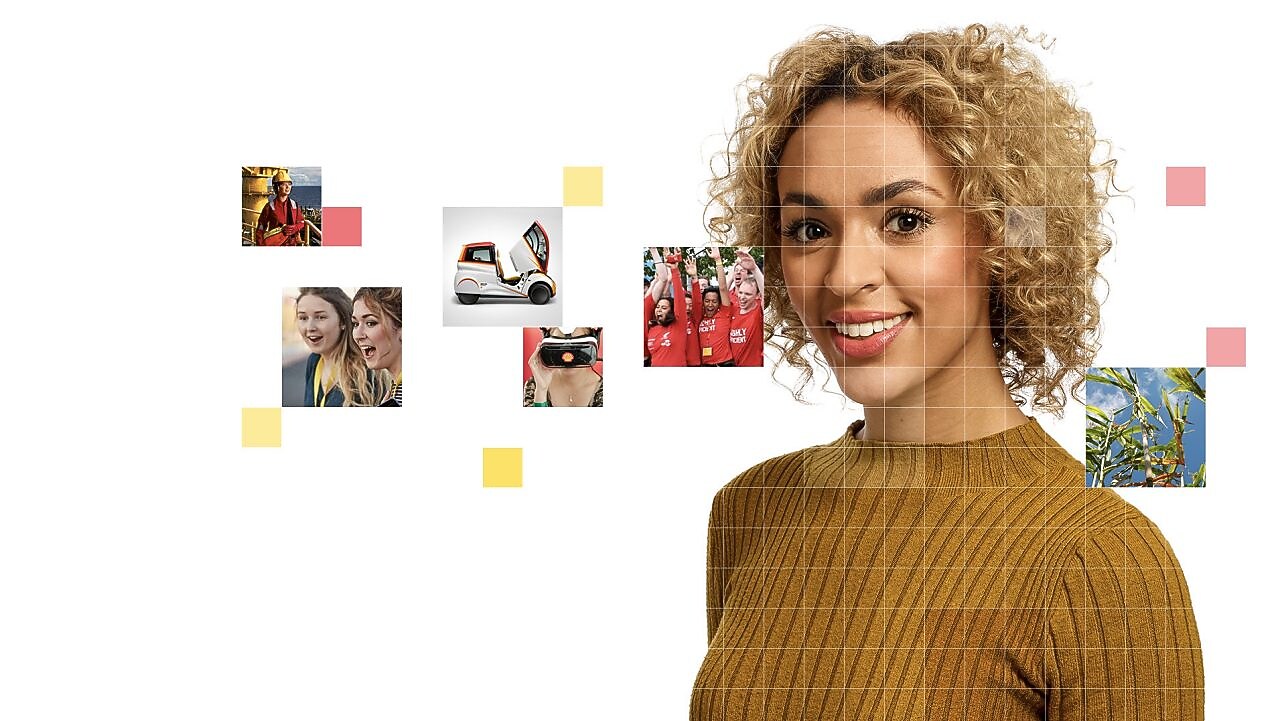 Female with short curly blonde hear wearing a light brown top, with a mosaic of images surrounding her.