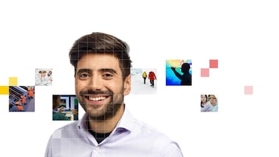 Male with beard wearing a white shirt, with a mosaic of images surrounding him.