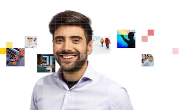 Male with beard wearing a white shirt, with a mosaic of images surrounding him.
