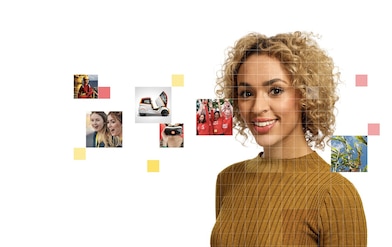 Female with short curly blonde hear wearing a light brown top, with a mosaic of images surrounding her.