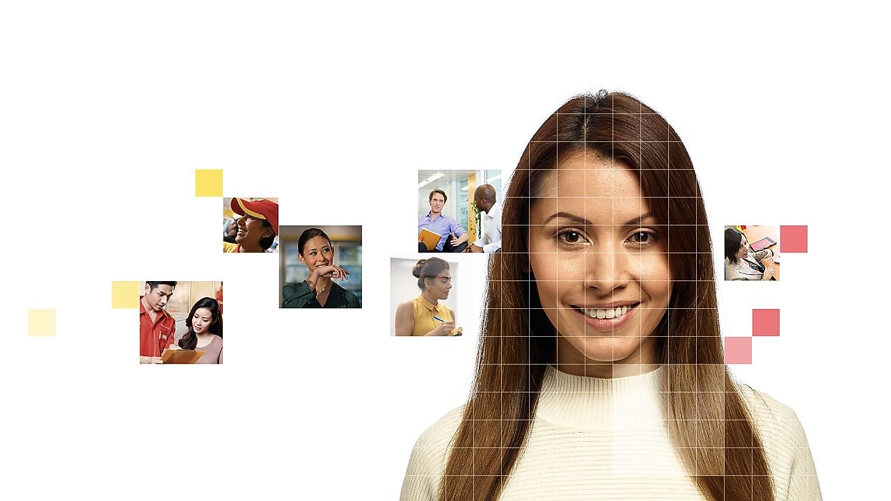 Female with long brown hair wearing a white top, with a mosaic of images surrounding her