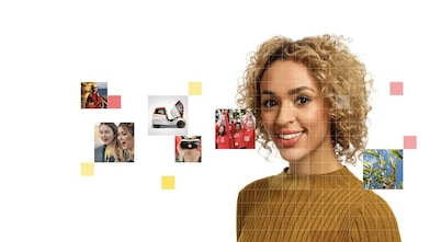 Female with short curly blonde hear wearing a light brown top, with a mosaic of images surrounding her.