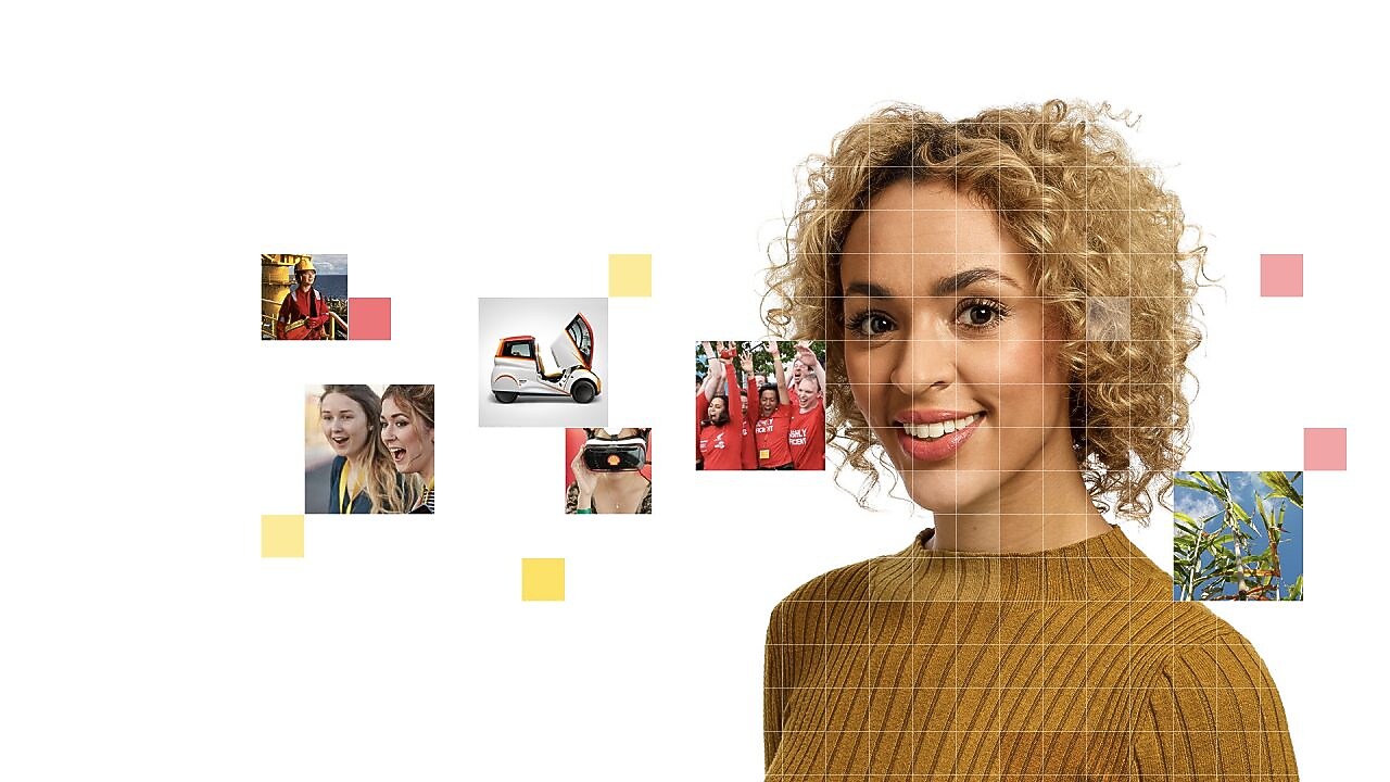 Female with short curly blonde hear wearing a light brown top, with a mosaic of images surrounding her.