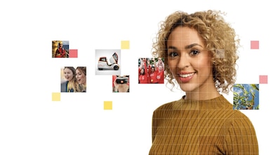 Female with short curly blonde hear wearing a light brown top, with a mosaic of images surrounding her.