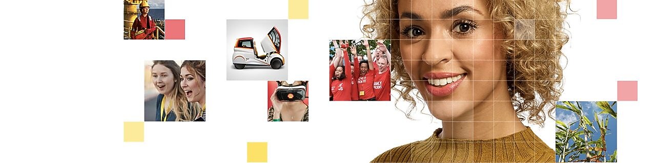 Female with short curly blonde hear wearing a light brown top, with a mosaic of images surrounding her.