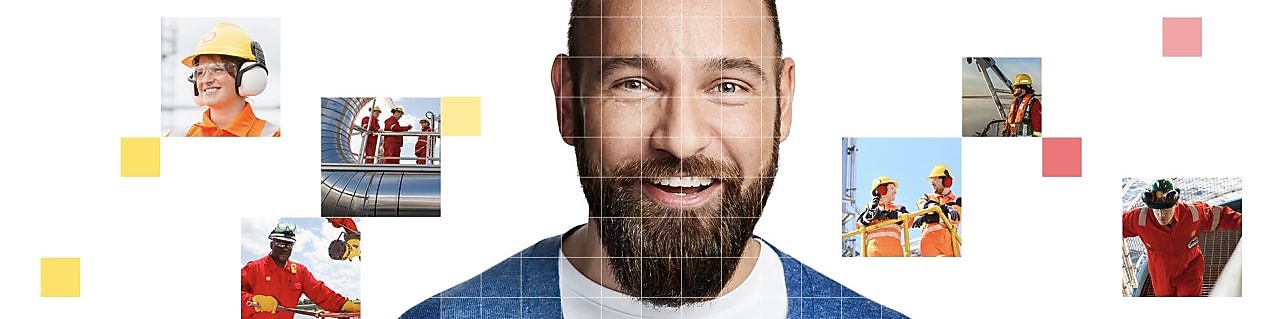 Male with beard wearing a blue and white top, with a mosaic of images surrounding him.