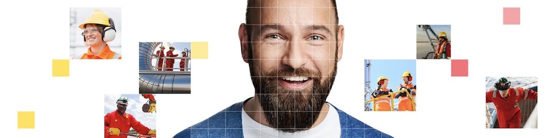 Male with beard wearing a blue and white top, with a mosaic of images surrounding him.