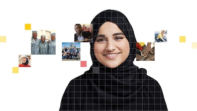 Female wearing a black hijab, with a mosaic of images surrounding her. 