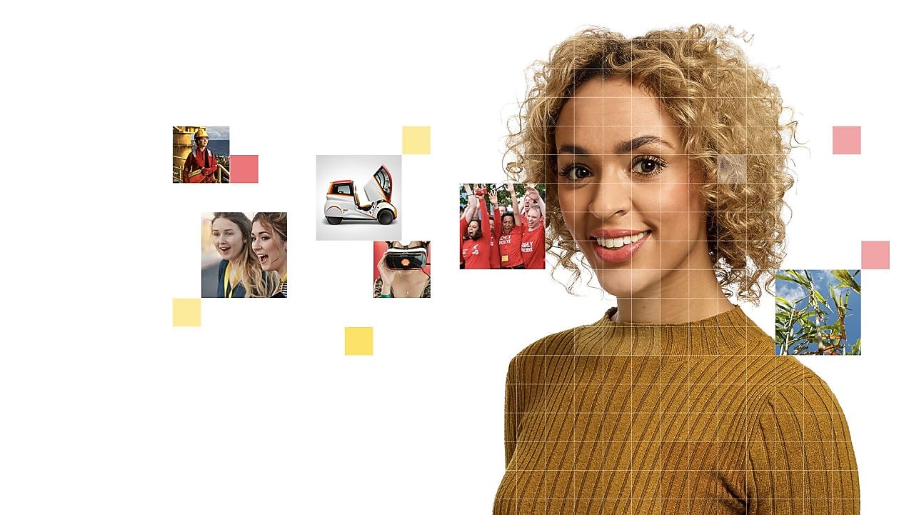 Female with short curly blonde hear wearing a light brown top, with a mosaic of images surrounding her.