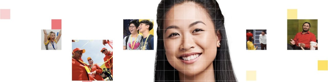 Asian female with long black hair, with a mosaic of images surrounding her.