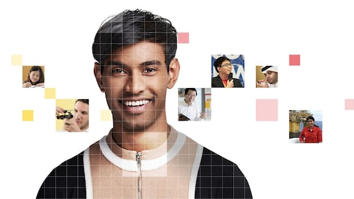 Young Indian male wearing with black hair, with a mosaic of images surrounding him.
