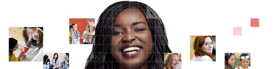 African American female with long black hair, with a mosaic of images surrounding her.