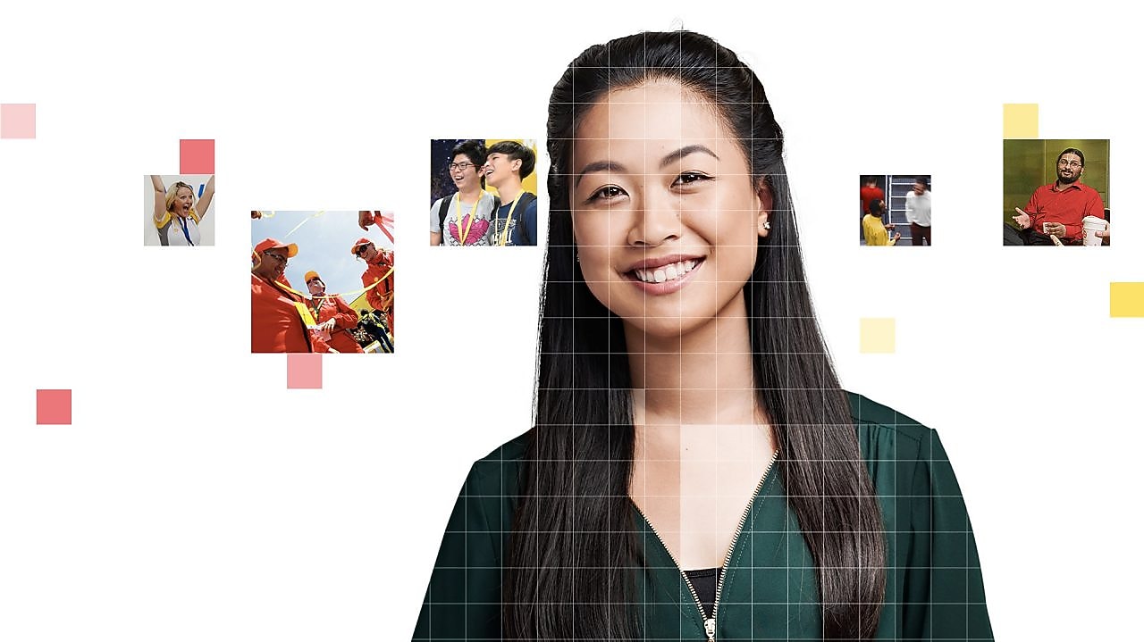 Asian female with long black hair, with a mosaic of images surrounding her.