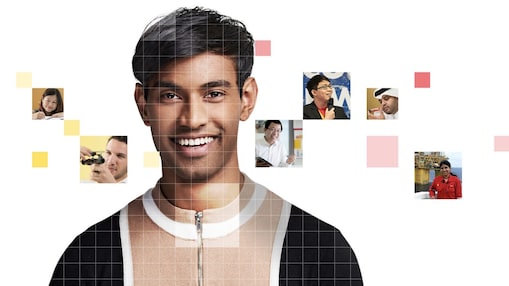 Young Indian male wearing with black hair, with a mosaic of images surrounding him.