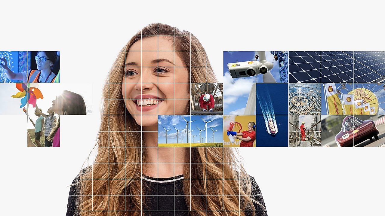 Young female with blonde hair, with a mosaic of images surrounding her.