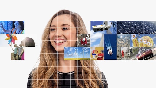 Young female with blonde hair, with a mosaic of images surrounding her.