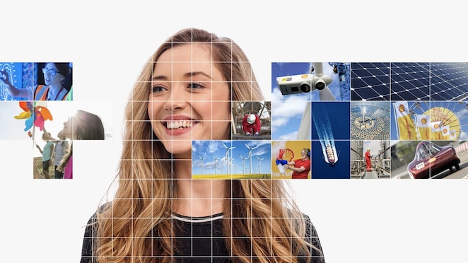 Young female with blonde hair, with a mosaic of images surrounding her.