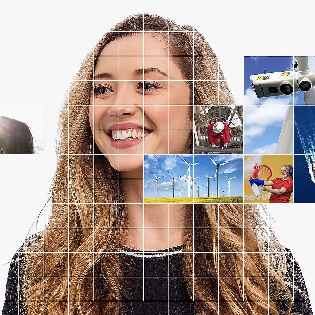 Young female with blonde hair, with a mosaic of images surrounding her.