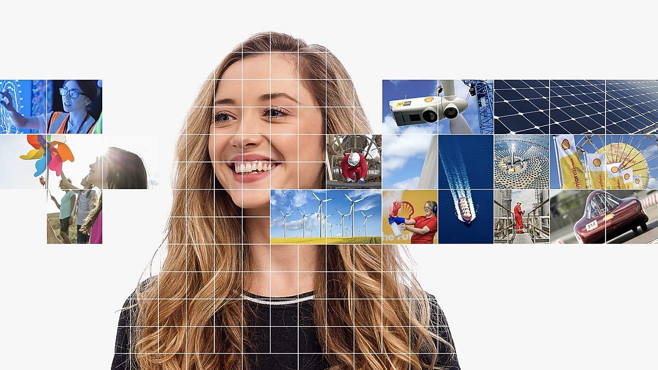 Young female with blonde hair, with a mosaic of images surrounding her.