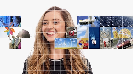 Young female with blonde hair, with a mosaic of images surrounding her.