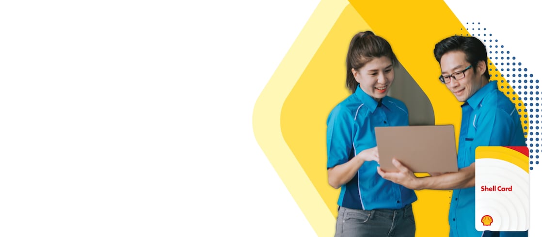 Shell Card displayed next to two people viewing a tablet against a yellow branded background.